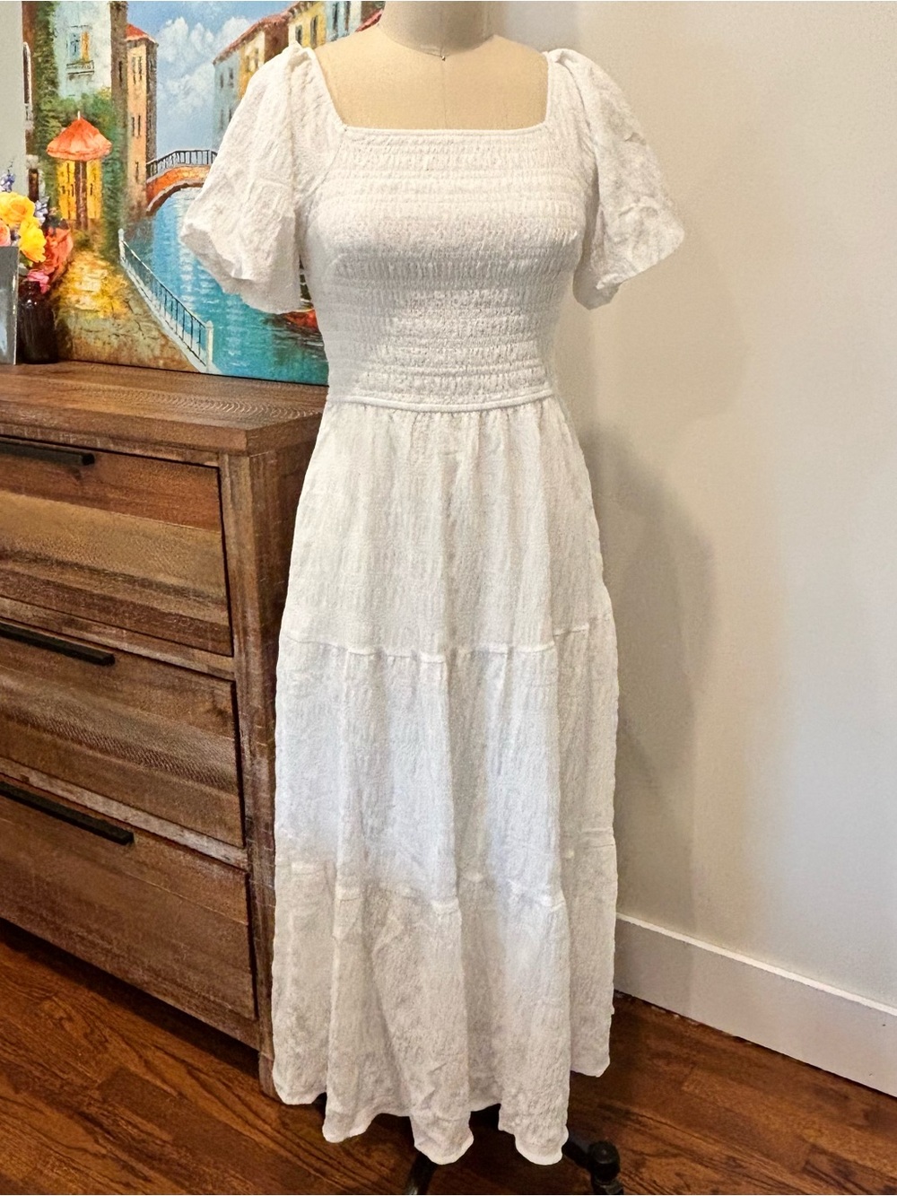 White Smocked Maxi Dress with Square Neck and Puff Sleeves